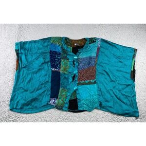 Tanami Patchwork Top Women Large Teal Turquoise Batik Frog Button Boho Kimono